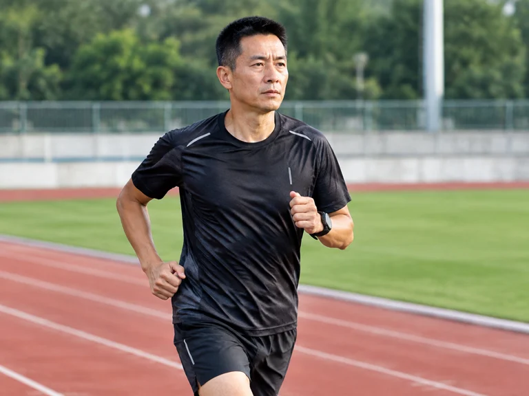 马宁在田径场进行跑步训练,展现裁判员日常体能储备