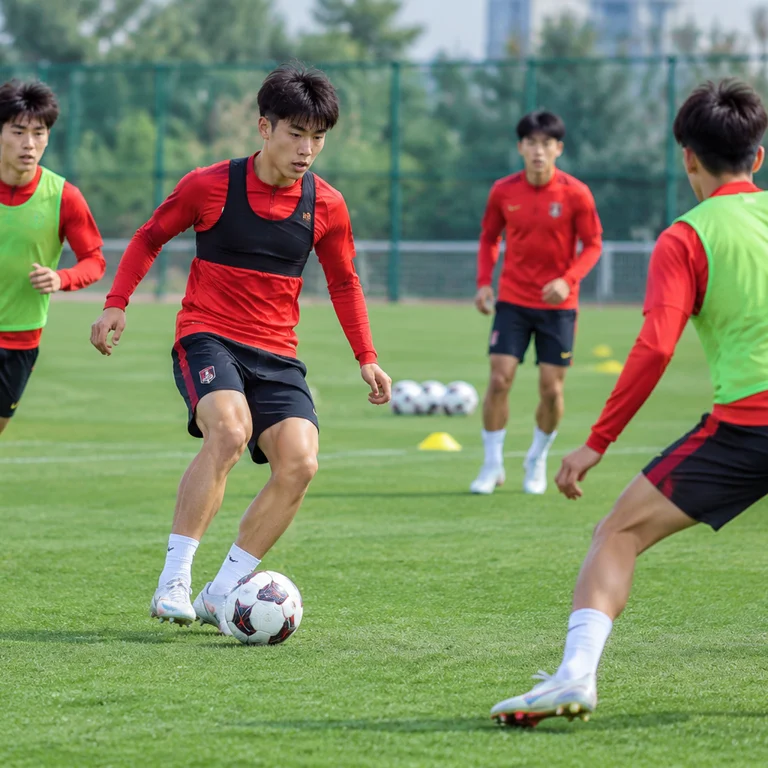 中国年轻足球运动员在训练场上进行控球练习,体现备战与成长