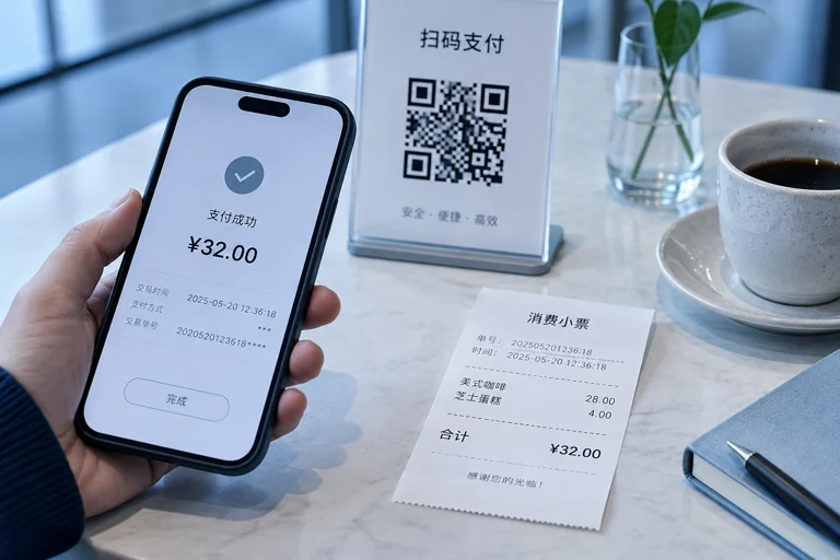 手机扫码支付页面与消费凭证并置,突出核对金额和保留记录的重要性
